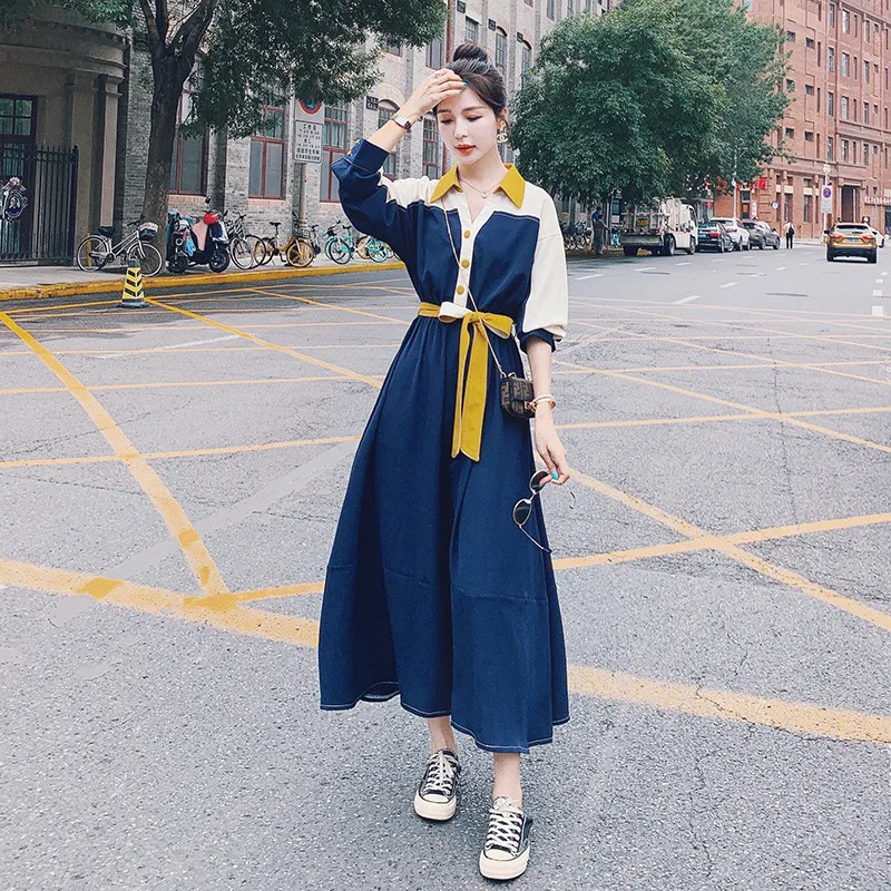 

Fashion Patchwork Hit Color Bandage Dresses Women 2021 Autumn Temperament Office Long-Sleeve Dress Ladies Blouse Vestido G1421