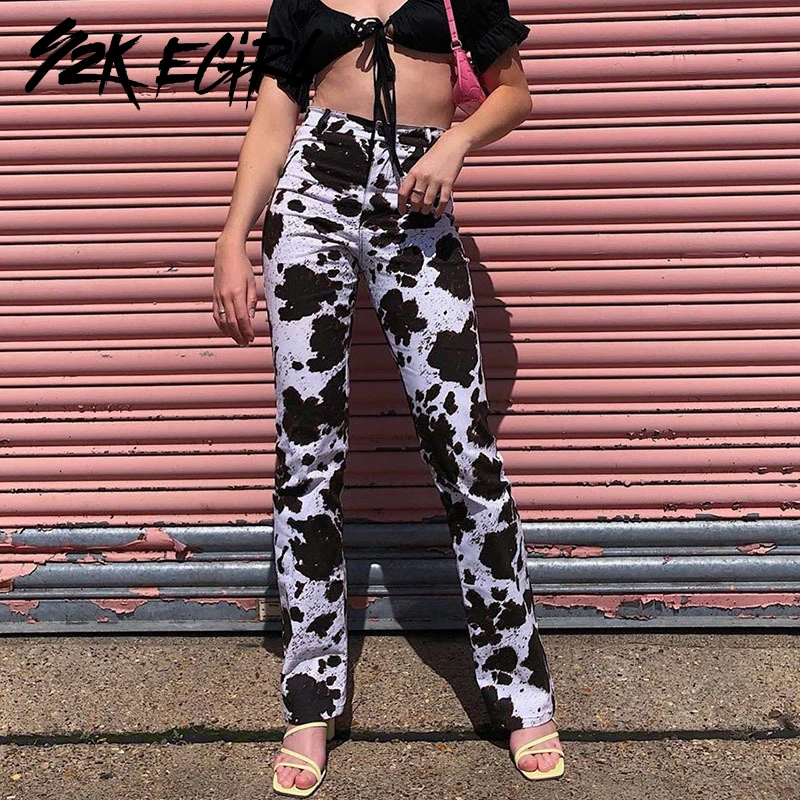 

Y2K EGIRL Vintage Cow Pattern Slim High Waight Pants Streetwear 90s Animal Printing Straight Long Pant Rave Festival Outfits New