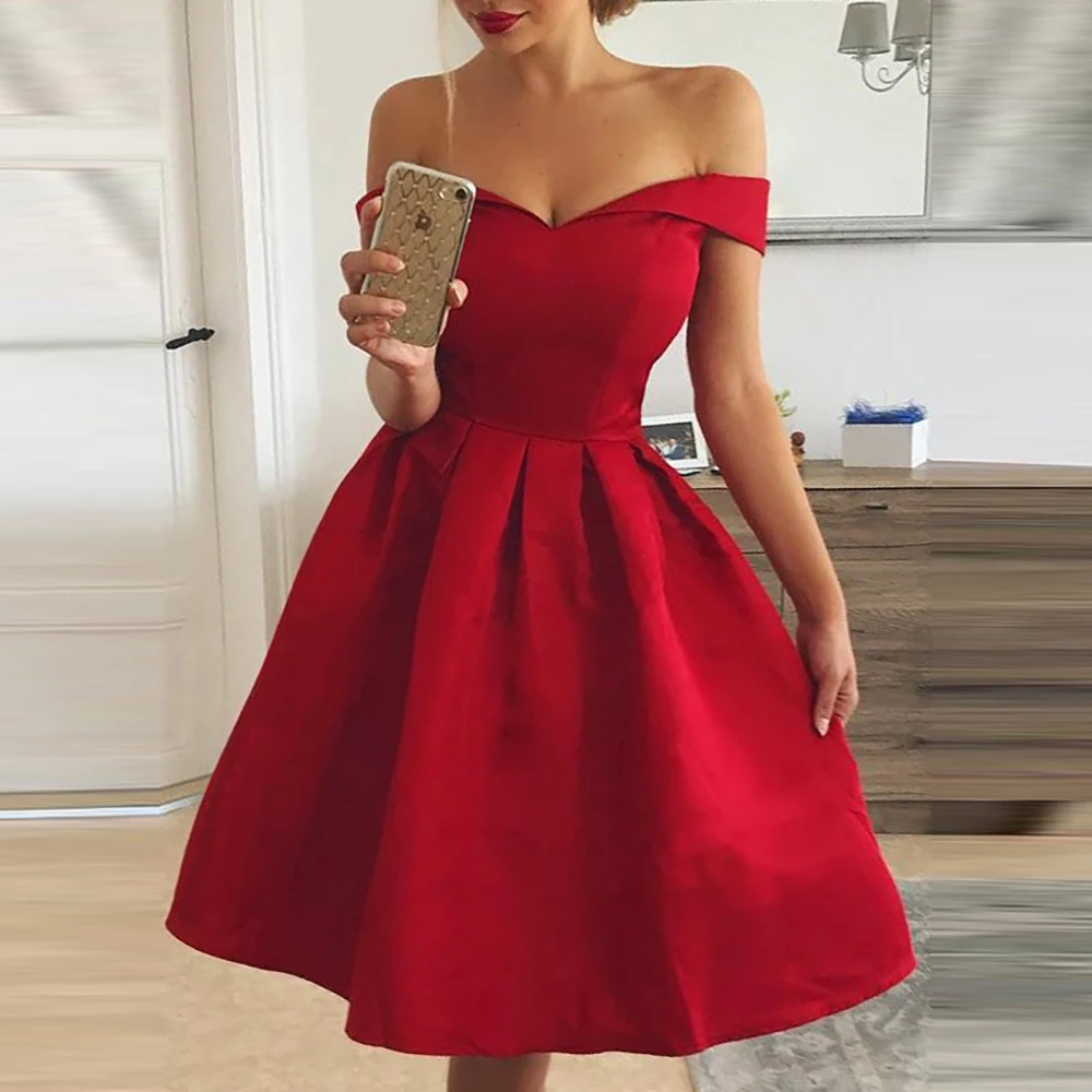 Elegante, rojo, vestido de las mujeres de corte en el cuello de manga corta  vestido de verano de 2019 dama vestido de fiesta sexy vestidos de fiesta  D30|Vestidos| - AliExpress
