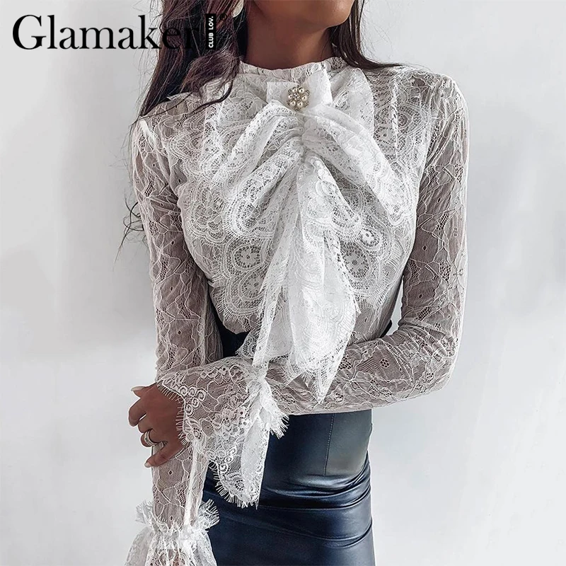Glamaker Сексуальная вязаная крючком белая блузка женская цветочная кружевная Элегантная блузка с воротником-стойкой Весенняя прозрачная расклешенная рубашка с длинным рукавом женская