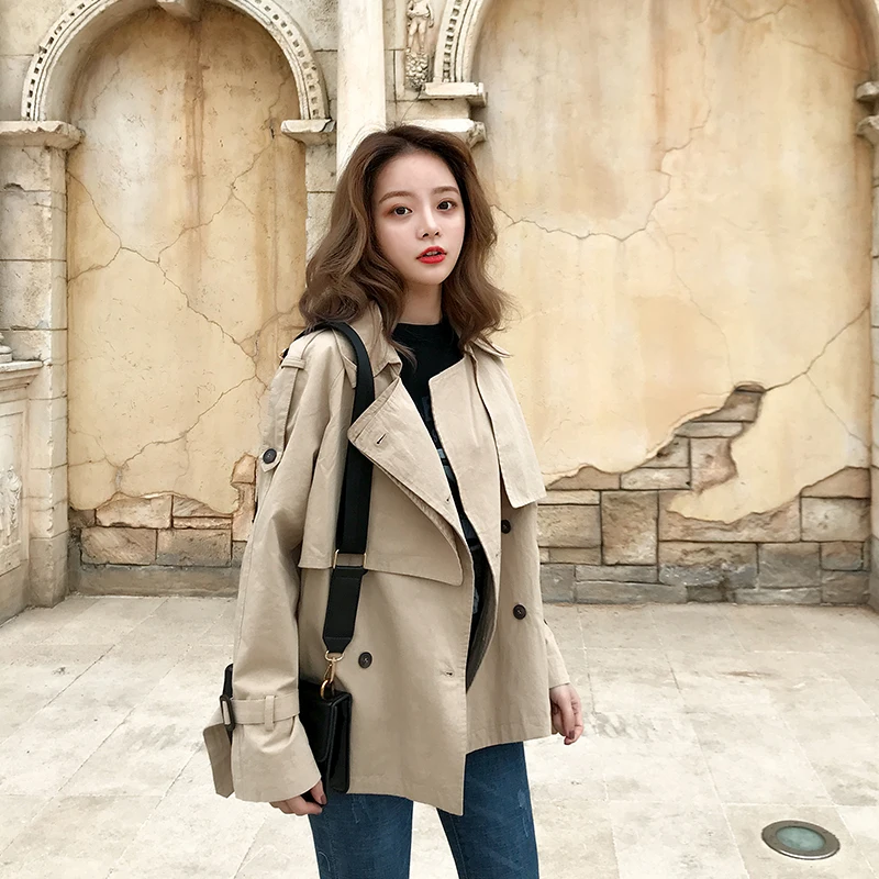 2020 Plus Size Casual Khaki Trench Coat British Style New Fashion Double Breasted Windbreaker Autumn Women's Short Jackets | Женская