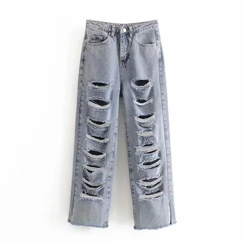 

Women's Spring Summer Hole Jeans Trousers Streetwear High Waist Denim Pants Beggar Hollow Out Straight Pants