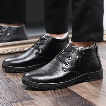 

2019 Men snow Boots Genuine Leather Warm Winter ankle Boots Man safety Shoes Men Military Fur boots men botte Hombre black