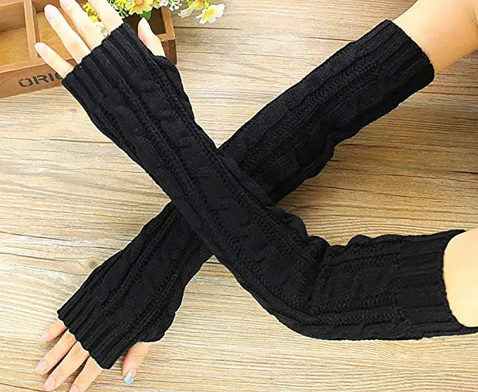 Пара зимних перчаток без пальцев, женские теплые перчатки с длинным рукавом, вязаные Мягкие Рукавицы - Цвет: black