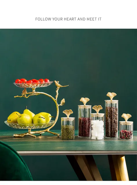 European Gilded Craft Storage Jars with Lid Ginkgo Biloba Decorative Glass  Bottle Sealed Coffee Beans Snacks