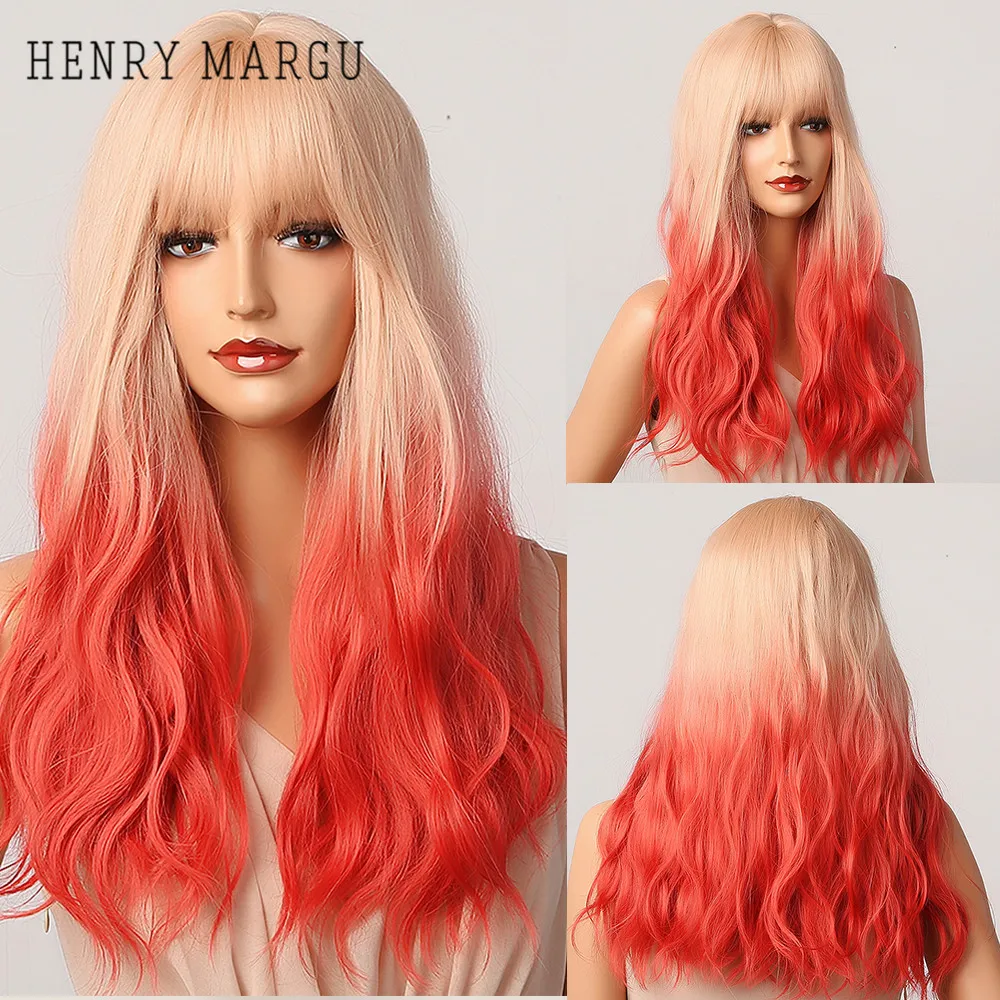 HENRY MARGU-pelucas de pelo degradado para mujer cabello sintético de ondas largas con flequillo, resistente al calor, cabello Natural para Cosplay