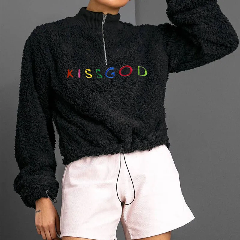 Lamb Wool Female Letter Print Top Stand-up Collar Long-sleeved Short Pullover Ladies Autumn Warm Clothing Trendy Street Wear