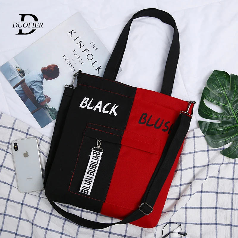 

2019 New Canvas Shoulder Bags Womens Fashion Stitching Shopping Bag Female Casual Messenger Handbag Student School Bag Trend