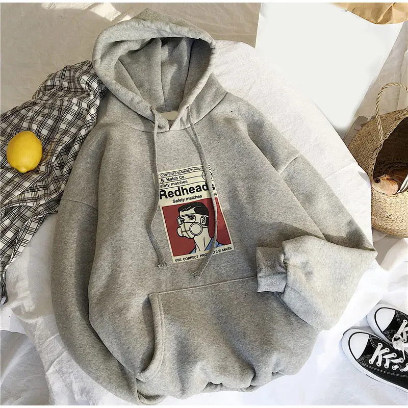 Harajuku Бархатные толстовки с мультяшным принтом, Женский пуловер, осенний свитер с капюшоном и передним карманом, Женская Весенняя уличная одежда, женские топы
