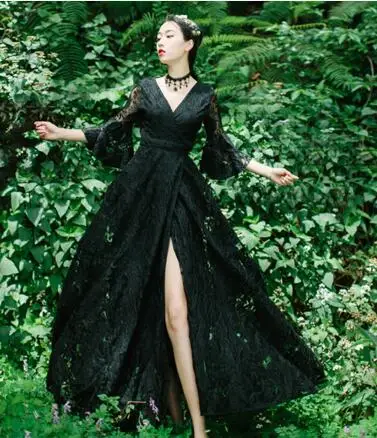 Мода динамик рукав кружева V воротник платье для отпуска - Цвет: Черный