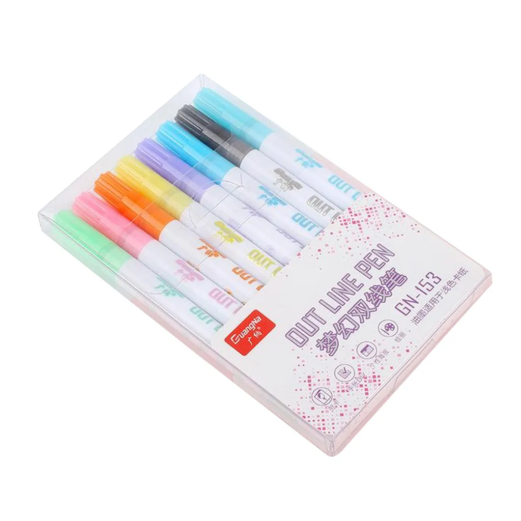 Блеск Цвет ручки флуоресцентных маркеров с металлической Цвет ручка двойная линия контурная ручка 8 шт./компл