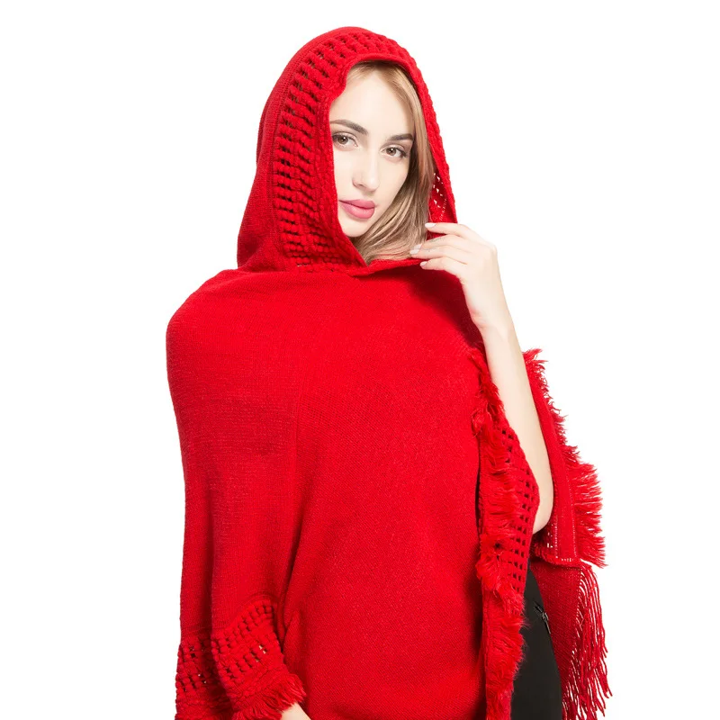 

Winter poncho for women solid color knit cashmere hooded cloak fashion tassel shawl female cape ponchos and capes keep warm