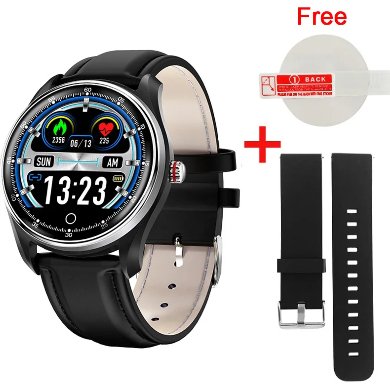 New ECG+PPG Smart Watch Blood Pressure Heart Rate Monitor IP68 Waterproof 8 Multi-Sport Modes Smartwatch For Men Women PK N58 - Color: Black Leather