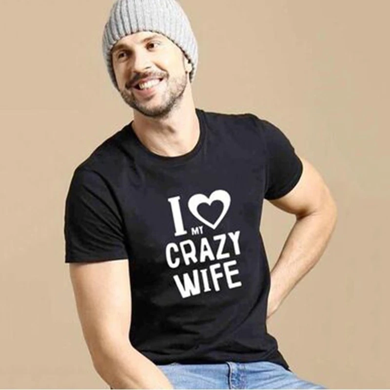 Фото Модные футболки SKMY в стиле Харадзюку с надписью «I LOVE MY CRAZY» для мужа и жены пары с коротким рукавом для мужчин и женщин Летняя одежда топы №4
