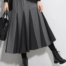 Осенняя шерстяная длинная юбка Женская Корейская зимняя теплая плиссированная черная белая Лоскутная полосатая офисная элегантная юбка с высокой талией Harajuku
