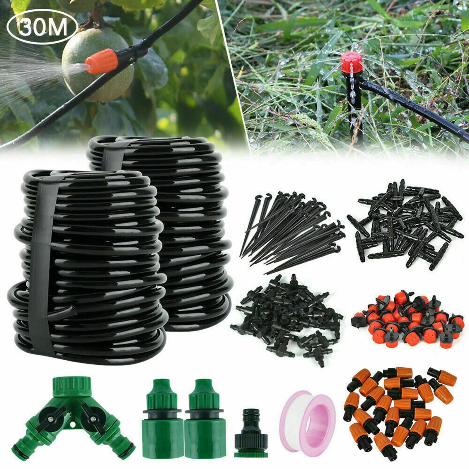 

100ft 30M DIY Automatic Drip Irrigation System Kit Timer Micro Sprinkler Home Garden Watering with Tee and Connector Drippers
