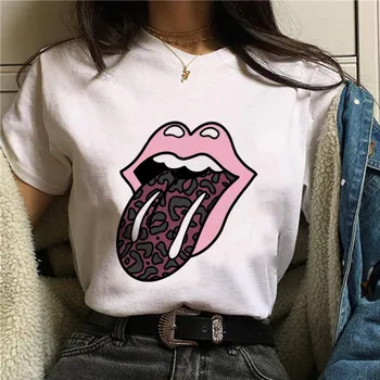 

New Summer Tops Tees Red Mouth Lip Kiss Printed Women Love Tshirt Funny Leopard Graphic Tee Shirt Femme Vogue Harajuku T Shirt