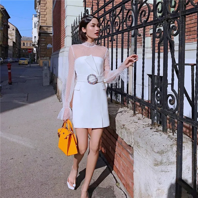 Pure White Party Dress Sexy Women Stand Collar Flare Sleeve See Through Polka Dot Mesh Spliced Mini Dress With Crystal Belt