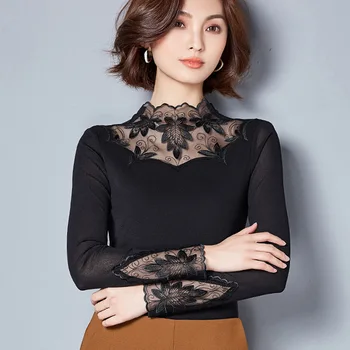 

New ladies high neck embroidered mesh long sleeve T-shirt red