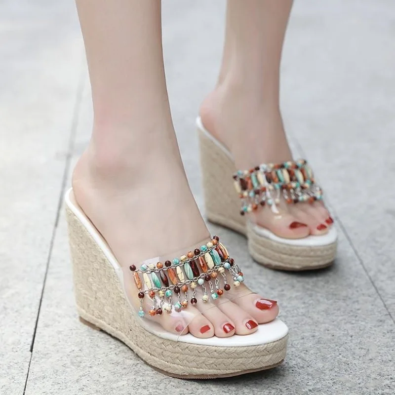 

Slides Shoes Without Heel On A Wedge Women's Slippers 2019 Heeled Mules String Bead Platform Sliders Flat Soft New Heels