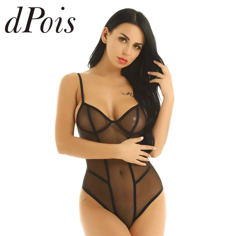 

Summer Women Mesh See Through Sheer Lingerie Adjustable Spaghetti Straps Sleeveless Crotchless Thong Leotard Jumpsuit Bodysuit