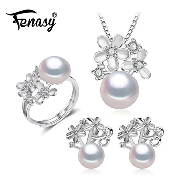 

FENASY 925 Sterling Silver Pendant Necklace Natural Pearl Jewelry Sets For Women Classic Stud Earrings Fashion Party Rings