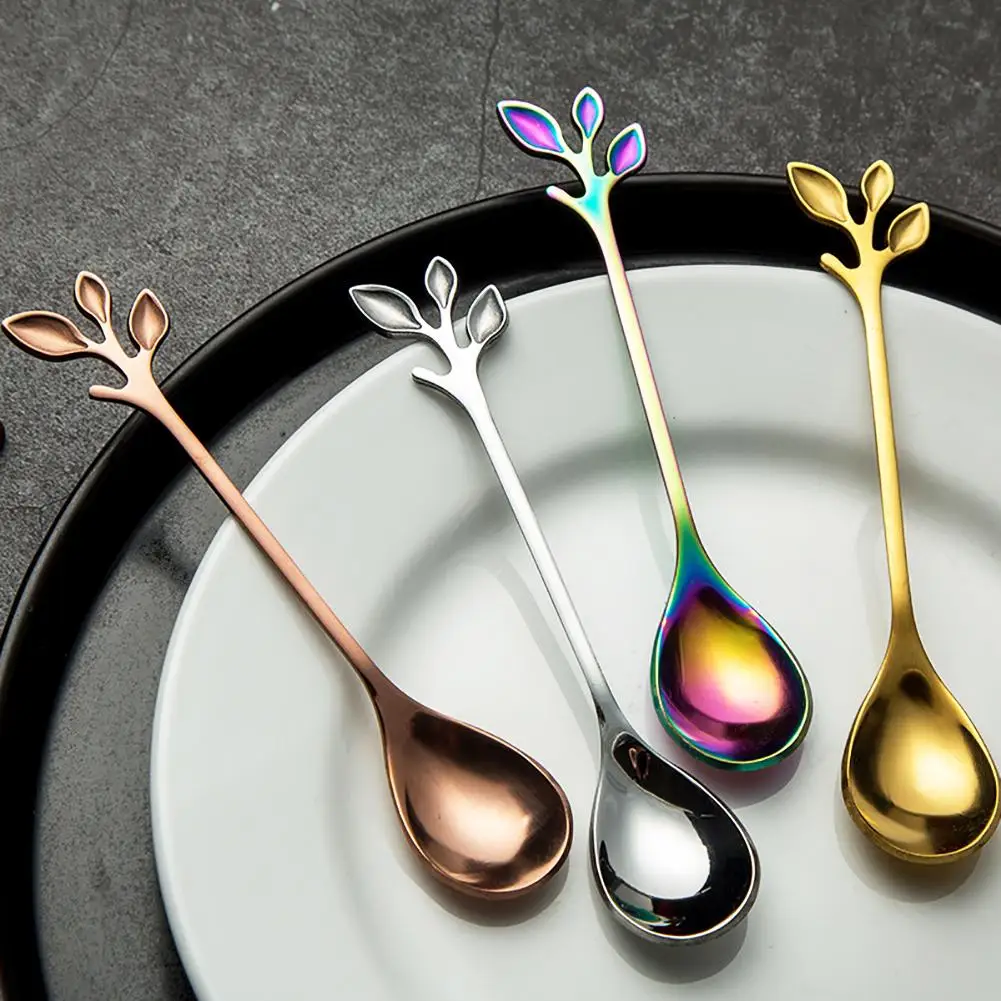 1Pc Creative Scoop Mini Metal Leaf Stainless Steel Coffee Mixing Spoon Fruit Fork Kitchen Flatware Teaspoon Wedding Gift | Дом и сад