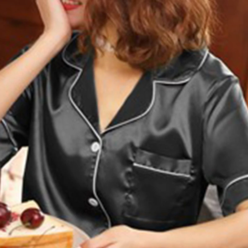 Рубашка с коротким рукавом, брюки, пижама, женская одежда для сна, набор,, атласная пижама, женская одежда для сна, 2 штуки, модная пижама из искусственного шелка