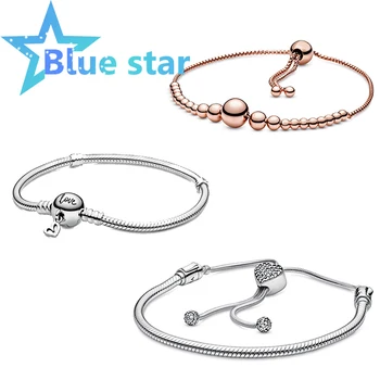 

Blue Star 100% Sterling Silver pandoras 2020 New Valentine's Day Rose String of Beads Sliding Bolo Pave Heart Sliding Bracelet