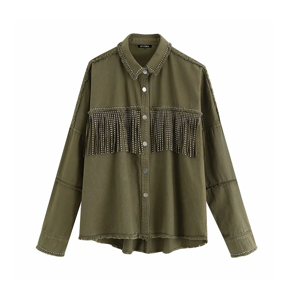 

Vintage Stylish Fringe Beaded Loose Denim Jacket Coat Women 2019 Fashion Long Sleeve Frayed Trim Ladies Outerwear Chaqueta Mujer