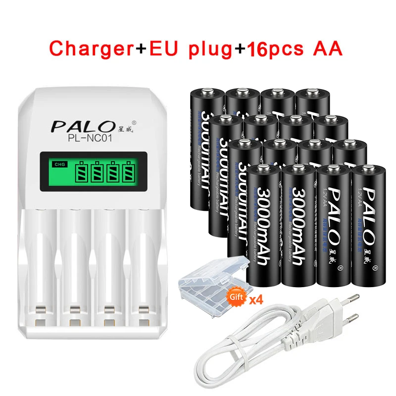 16pcs AA charger EU 4 шт. AA батареи, перезаряжаемые батареи 1,2 V AA 3000mAh Ni-MH Предварительно заряженный аккумулятор 2A батареи для камеры фонарик - Цвет: 16pcs AA charger EU