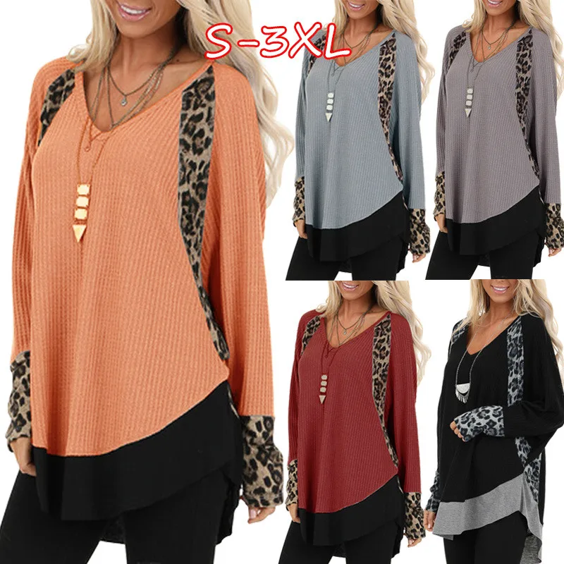 

Leopard Sexy Womens Tshirts 2020 Elegant Loose Long Sleeve V Neck Ladies Tops Casual Patchwork Color Female Tees