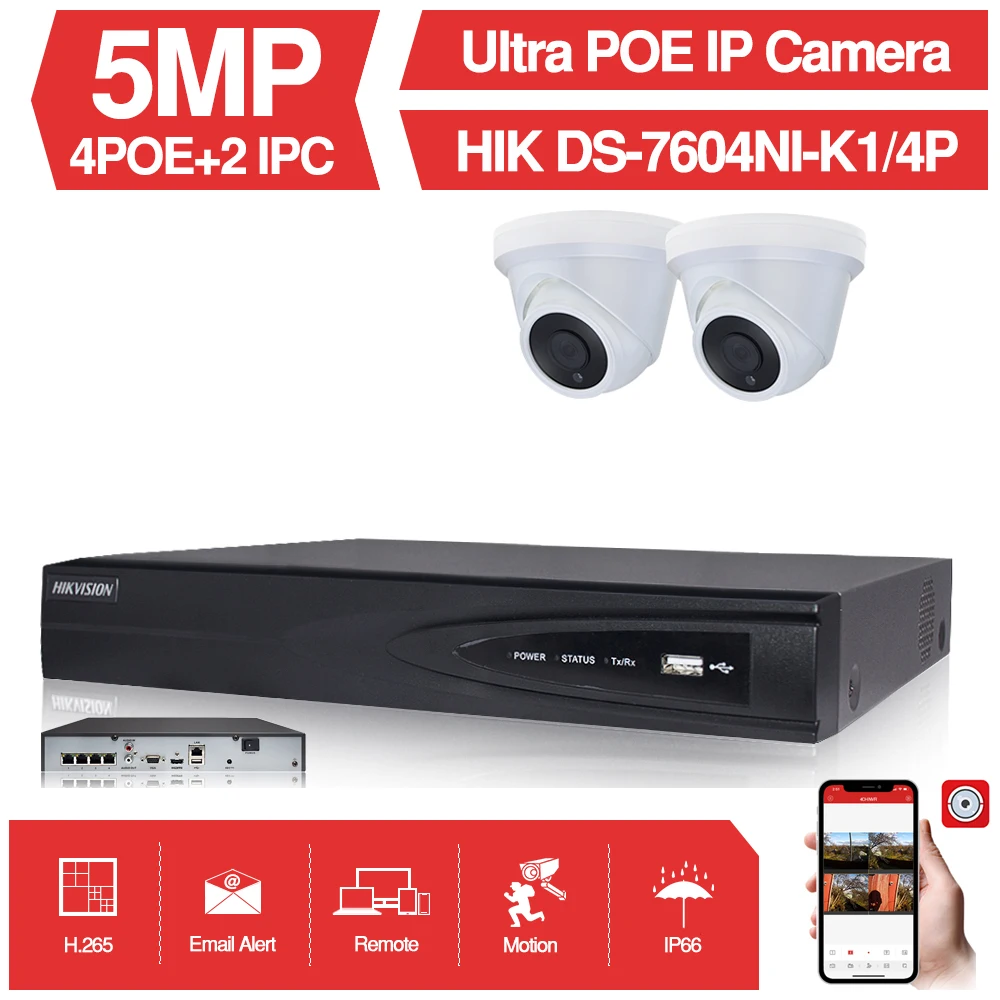 

4CH CCTV System 2PCS Ultra 5MP Dome Security POE Camera with Hikvision 4 POE NVR DS-7604NI-K1/4P DIY Video Surveillance Kits