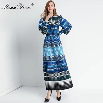 

MoaaYina Fashion Designer dress Spring Autumn Women's Dress Lantern sleeve Crystal Elegant Pleated Runway Dresses