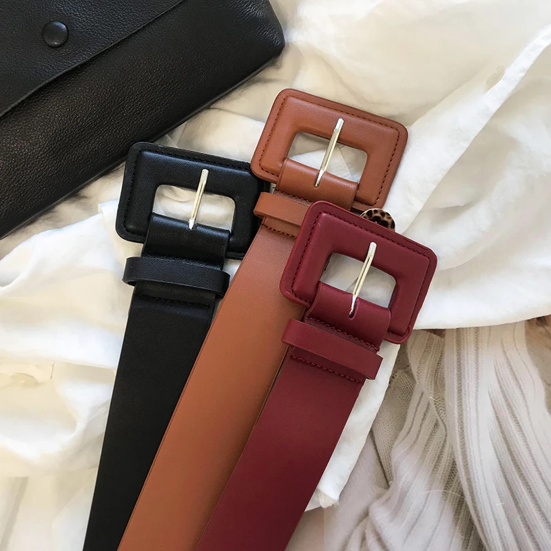 3 Colors Women Ins PU Belt Broad Solid Fashion All Match Buckle Belt Elegant Lady Street Waistband Overcoat Dress Accessories