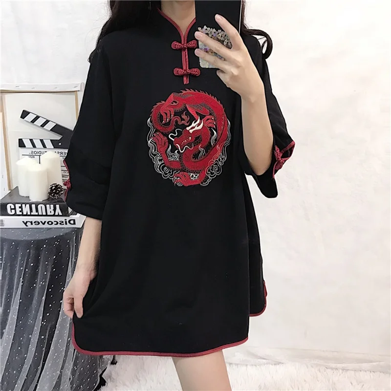 Японское винтажное готическое платье лолиты в стиле Харадзюку для девочек с вышивкой дракона, тонкое китайское стильное платье Ципао черного цвета FF2274