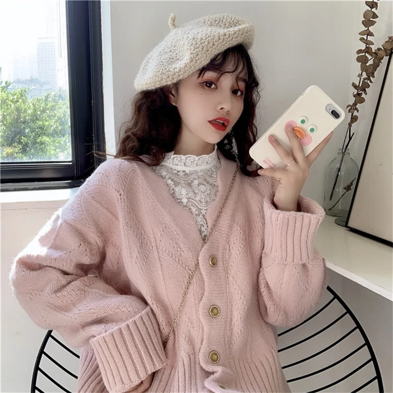 

Sweet Soft Girly Casual Wave Pattern Knitting Sweater Women Jacket 2020 Autumn Cardigan V-Neck Full Sleeve White Pink Lady Coats