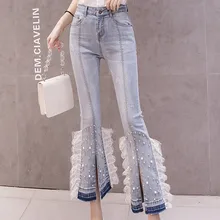 Винтажное с отделкой бусинами расклешенные джинсы с кружевом для женщин на молнии с высокой талией жемчужные синие брюки женские