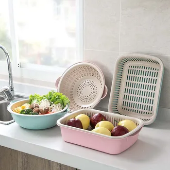 

Large Capacity Double Layer Drain Basket Bowl Fruit Pot Household Kitchen Fruit Vegatables Storage Basket Container Organizer