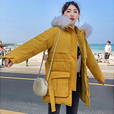 YELLOW Повседневные утолщенные женские куртки-пуховики в Корейском стиле с меховым капюшоном и большими карманами, тонкие пуховые пальто со шнуровкой, женская модная верхняя одежда размера плюс - Цвет: YELLOW