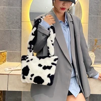 Retro Leopard Pattern Plush Crossbody Bag For Women 2020 Winter Shoulder Bags Fluffy Cow Milk Print Handbag Female Warm Fur Bag 3