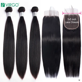 

Virgo Straight Bundles with Closure Human Hair 4x4 5x5 6x6 Bundles With Lace Closure Medium Indian remy 150% Density 10-26 inch