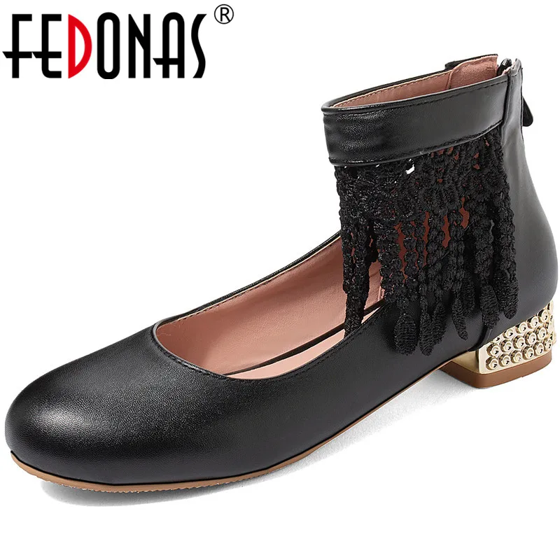 

FEDONAS New Arrival Spring Summer Women Casual Prom Tassel Pumps Back Zipper Round Toe Shoes Square Heels Rhinestone Shoes Woman