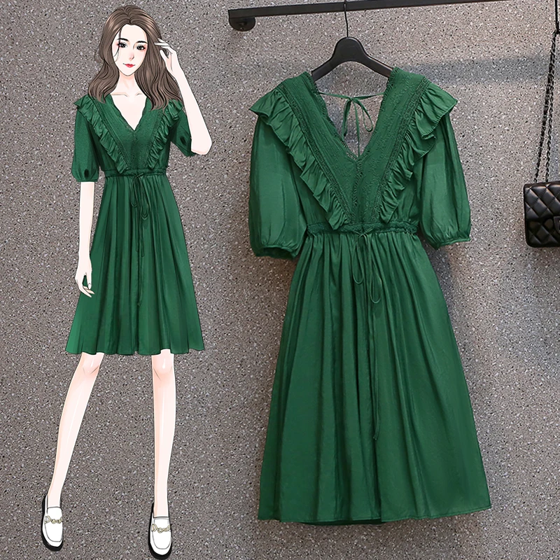 

EHQAXIN Summer Women's Sweet Dresses Elegant V-Neck Mid-Sleeve Lace Hollow Lace-Up Pleated Dress Temperament Ladies Style M-4XL