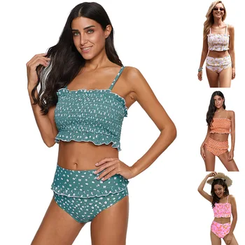 

Know Dream New High Elastic Tube Top Ruffled High Waist Two Piece Split Swimsuit String Bikini Set Sexy Bikini Push Up Swimsuit