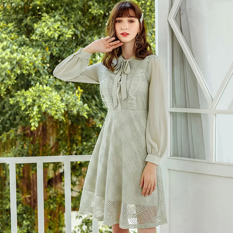 

Wasteheart Spring Women Green Chiffon A-Line Dress O Neck Party Holiday Ruffles Lace Lady Sexy Dress Plus Size Sweet Dresses