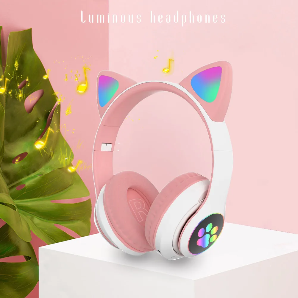 Gift Kids Adult Volume Control Foldable Headphones Fashion Bluetooth 5 0 Wireless Gaming Headset LED Light Up Cat Ear Stereo