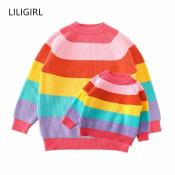 

2019 New Mommy and Me Knit Sweater Rainbow Striped Mother Daughter Son Wool Sweaters for Family Winter Matching Clothes Outfits