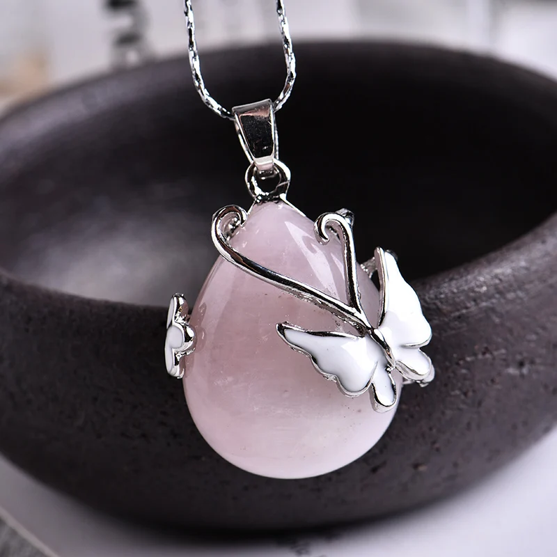 Rose Quartz 1 шт. натуральный кристалл минеральный орнамент бабочка капля кулон аура точка пара подвески, ожерелья DIY подарок ювелирные изделия - Цвет: Rose Quartz