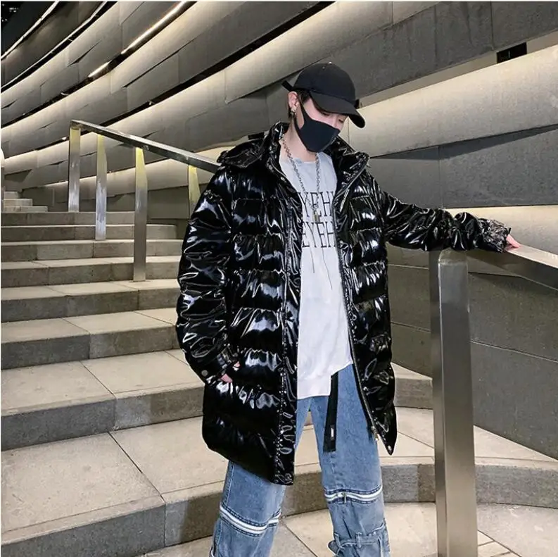 M-XXL!Winter new super fire men's long loose hooded bright leather coat men and women couples jacket jacket